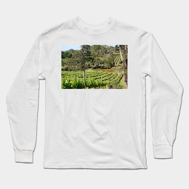 Vine Rows and Lilly Pond at Magpie Springs - Adelaide Hills - Fleurieu Peninsula by Avril Thomas Long Sleeve T-Shirt by MagpieSprings